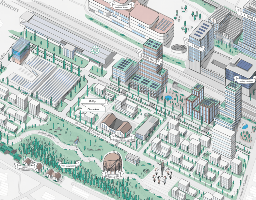 Plan du quartier de Prilly-Malley avec Central Malley, la zone d'activité située sur les communes de Renens et Prilly où se trouve le magasin Acoustico
