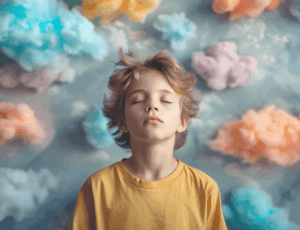 Symbolisation de l'errance mentale par un garçon fermant les yeux et entouré des nuages