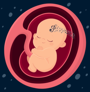 Dessin d'un foetus écoutant la musique dans le ventre de sa mère
