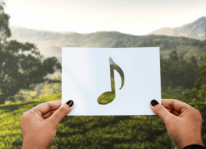 Symbole du calme avec 2 mains montrant une note de musique dans un paysage de campagne paisible