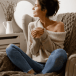 Femme tenant une tasse chaude dans un environnement calme, symbole de confort et de bien-être lors de l’adaptation d’une aide auditive.