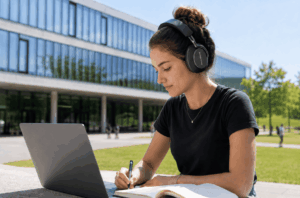 Etudiante à l'université avec un casque B&W Px8