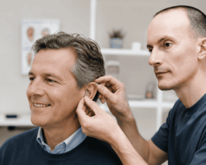 Audioprothésiste ajustant un appareil auditif à un patient souriant près de Lausanne
