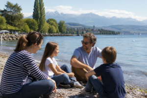 Famille discutant au bord du lac Léman près de Lausanne