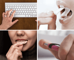 Collage illustrant plusieurs sons fréquemment déclencheurs de la misophonie : mastication, chewing-gum, clavier d’ordinateur et clic de stylo.