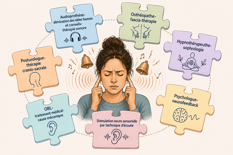 Illustration d’une personne souffrant d’acouphènes, entourée de pièces de puzzle représentant différents professionnels de santé