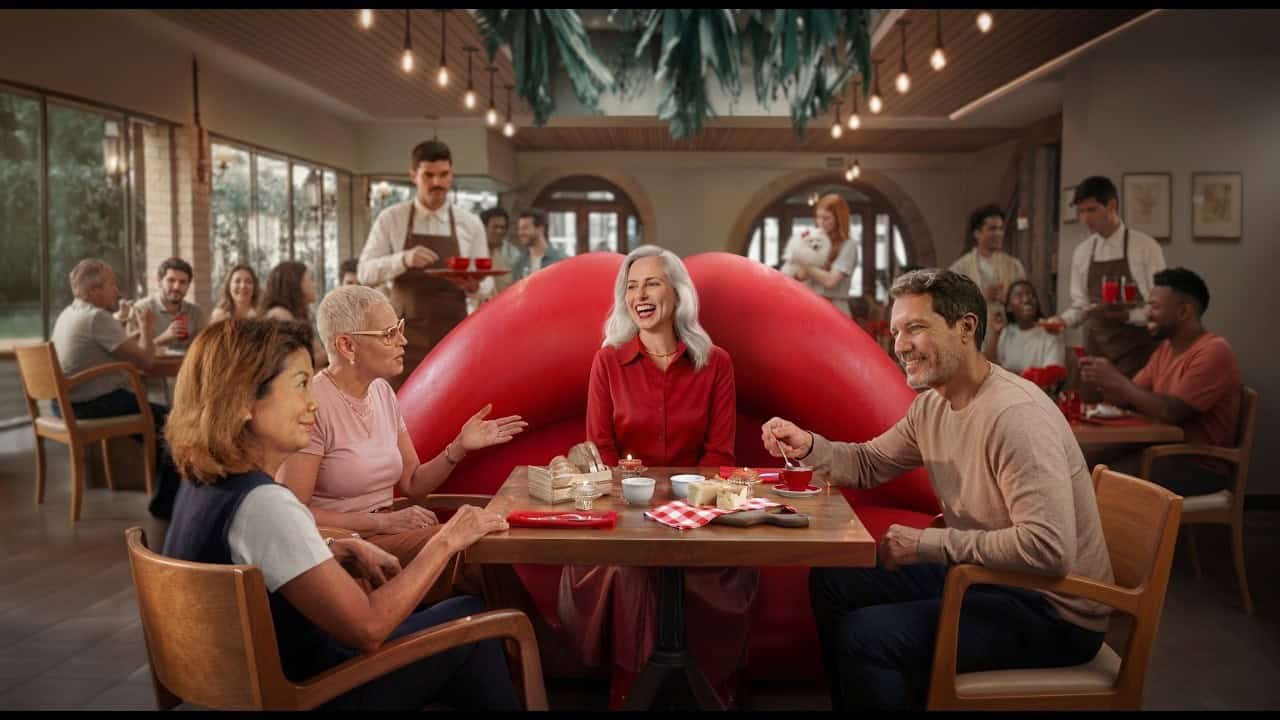 Femme en rouge aux couleurs de la marque Signia au restaurant illustrant la multi-adaptative xperience des Pure C&G MaX