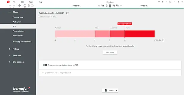 Capture d'écran du logiciel et de la prise en compte du test ACT