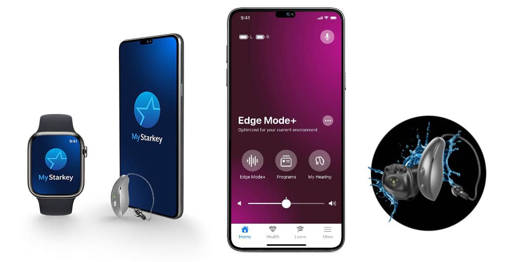 Illustration de la technologie avec un appareil starkey accompagné d'une montre connectée, d'un natel avec l'application MyStarkey